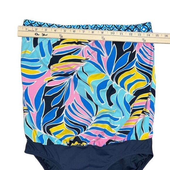 Anne Cole Estilo Strapless Blouson One Piece Swimsuit Blue Tropical Print Size 8 - Picture 8 of 13